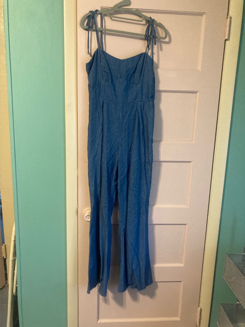 Le Lis Collections Blue Denim Tie-Shoulder Wide-Leg Jumpsuit